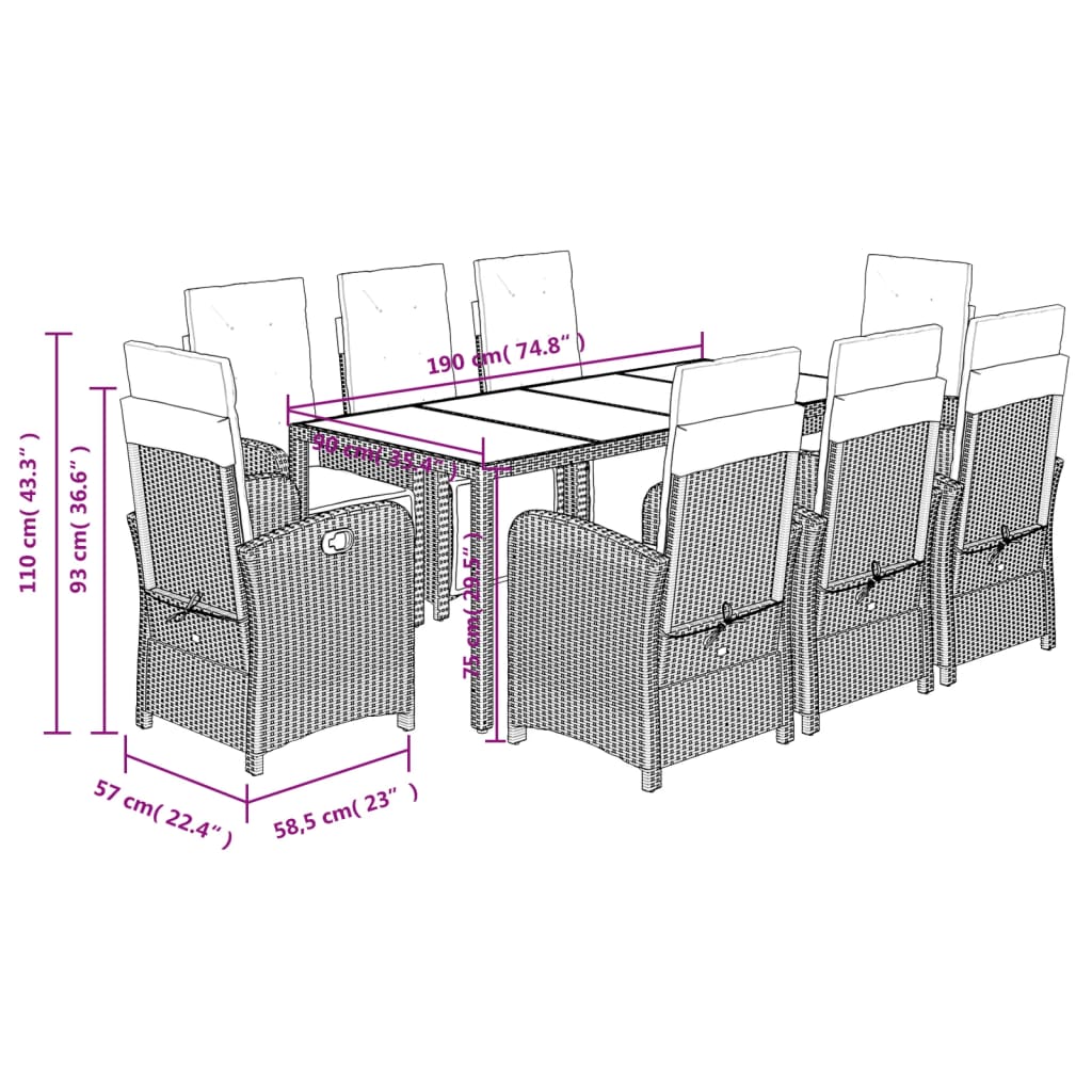 Set mobilier de gradina cu perne, 9 piese, negru, poliratan — imaginea 9