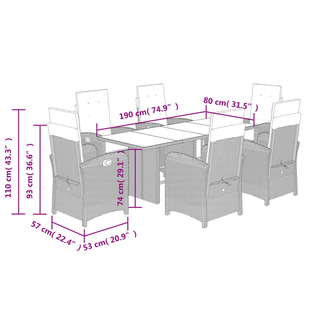 Set mobilier de gradina cu perne, 7 piese, gri, poliratan — imaginea 9