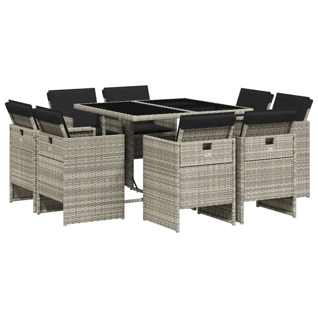 Set mobilier gradina cu perne, 9 piese, gri deschis, poliratan