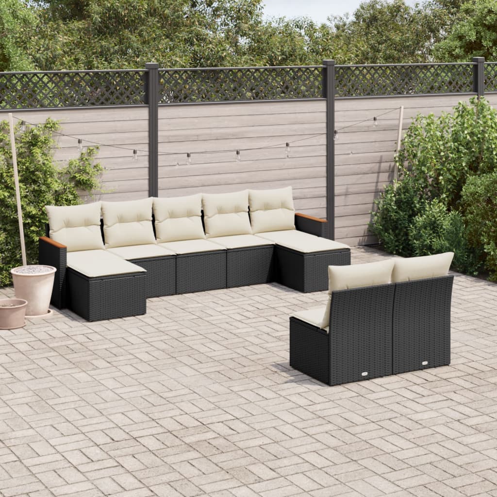 Set mobilier de gradina cu perne, 9 piese, negru, poliratan — imaginea 2