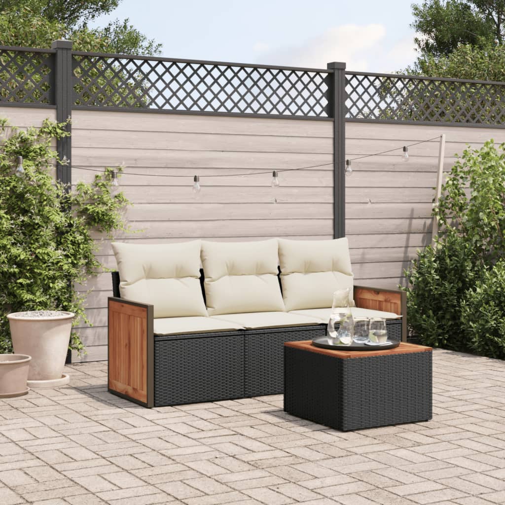 Set mobilier de gradina cu perne, 4 piese, negru, poliratan — imaginea 2
