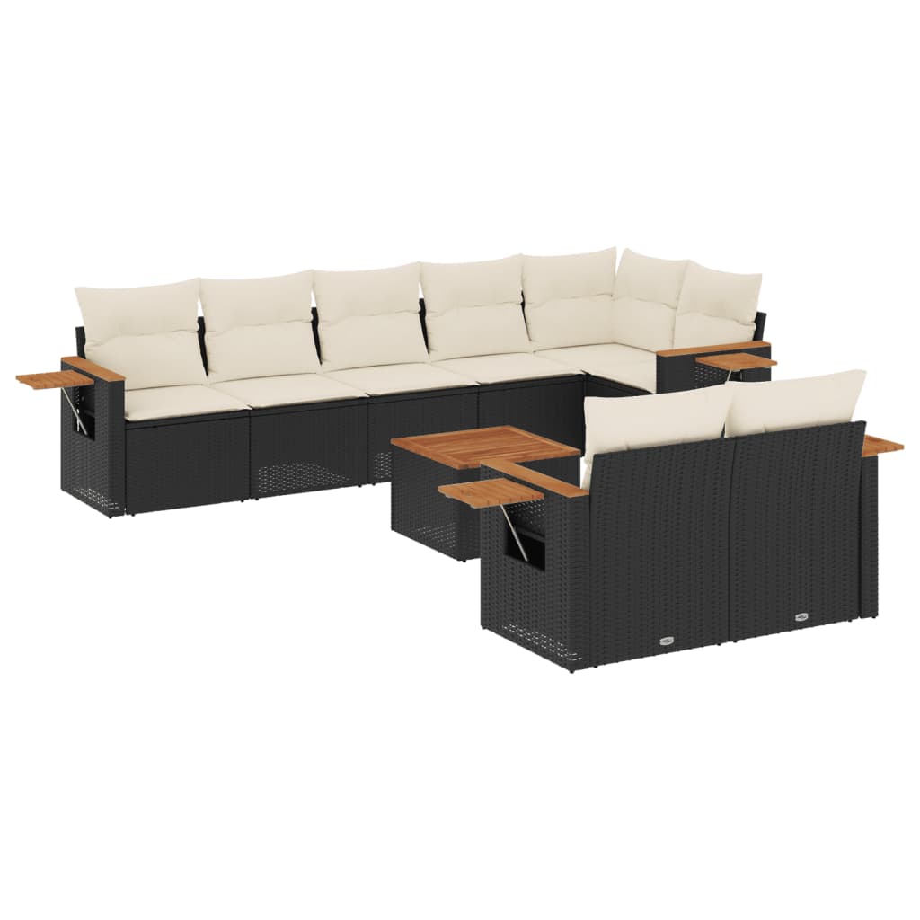 Set mobilier de gradina cu perne, 9 piese, negru, poliratan