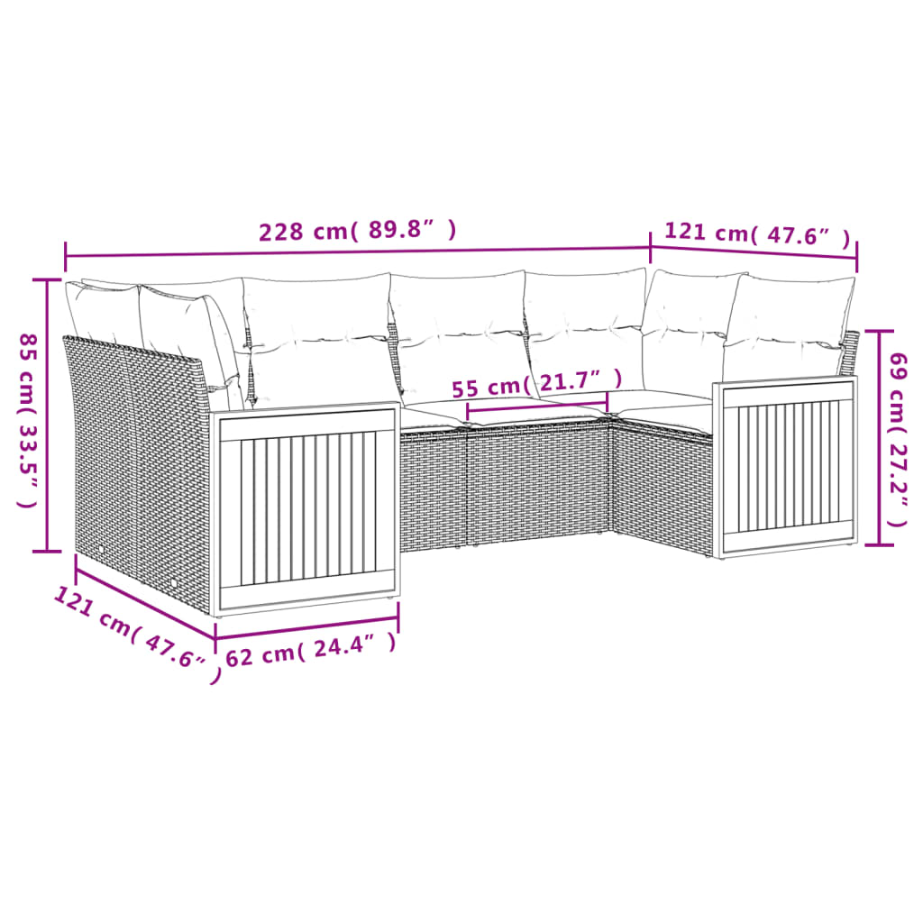 Set mobilier de gradina cu perne, 6 piese, negru, poliratan — imaginea 3