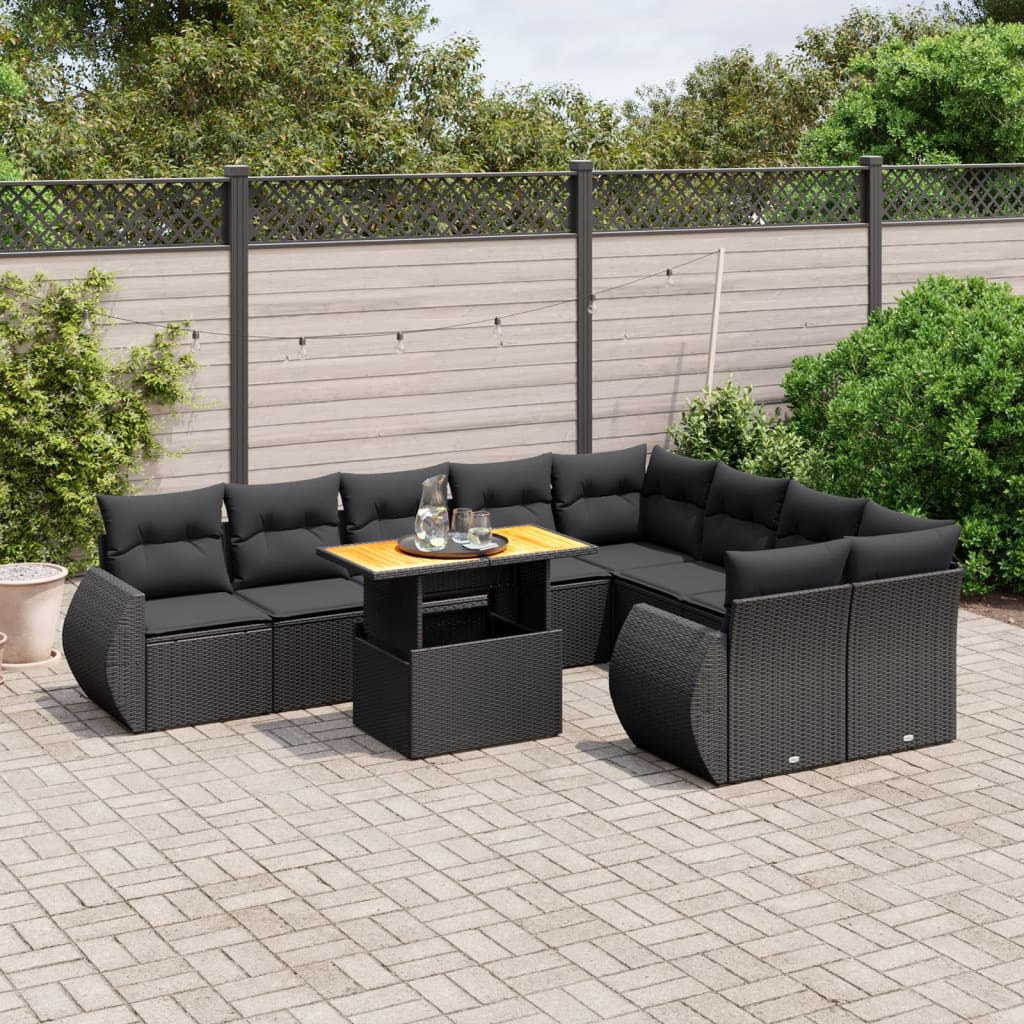 Set canapele de gradina cu perne, 10 piese, negru, poliratan — imaginea 2