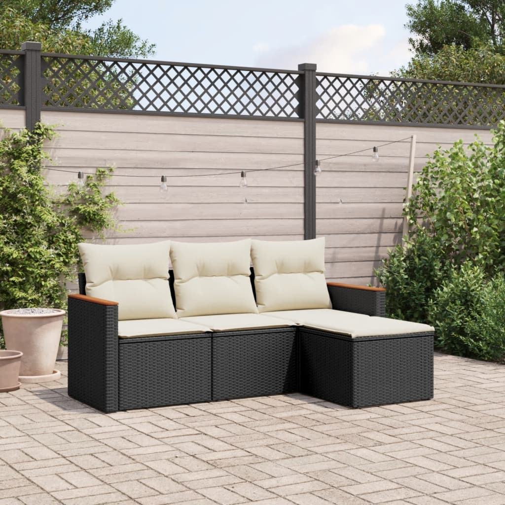 Set mobilier de gradina cu perne, 4 piese, negru, poliratan — imaginea 2
