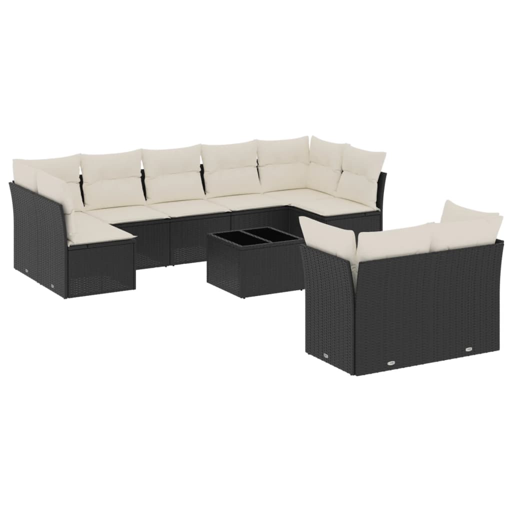 Set canapele de gradina cu perne, 10 piese, negru, poliratan