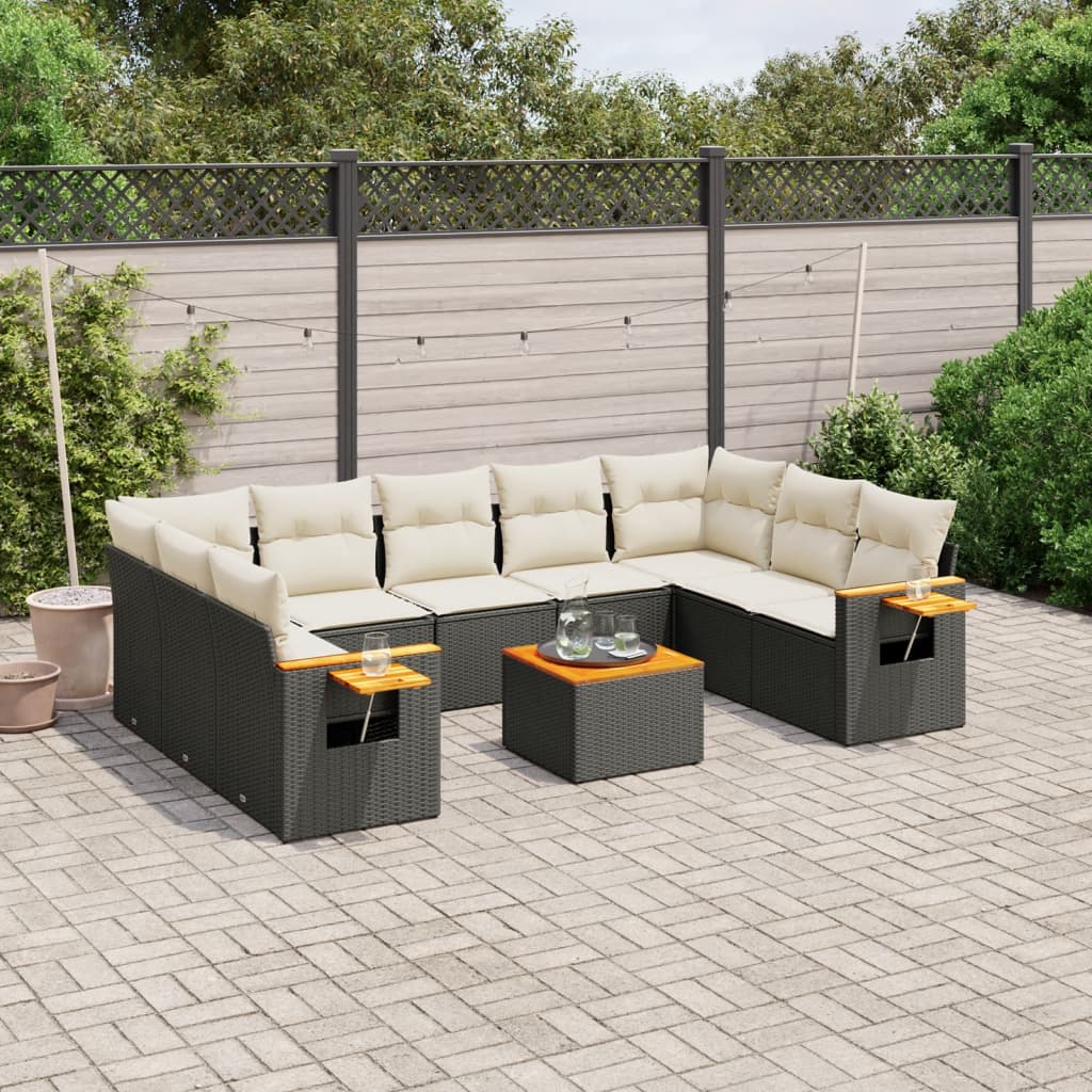Set canapele de gradina cu perne, 10 piese, negru, poliratan — imaginea 2
