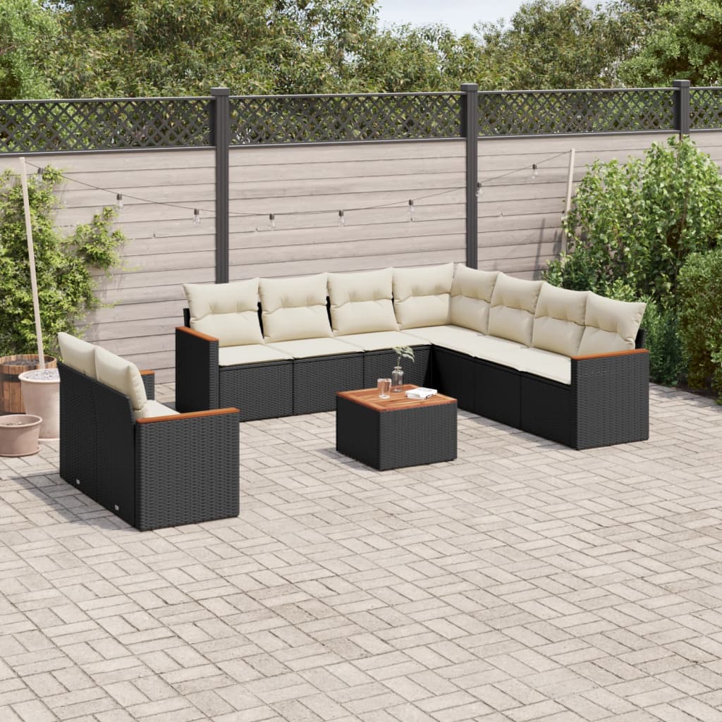 Set canapele de gradina cu perne, 10 piese, negru, poliratan — imaginea 2