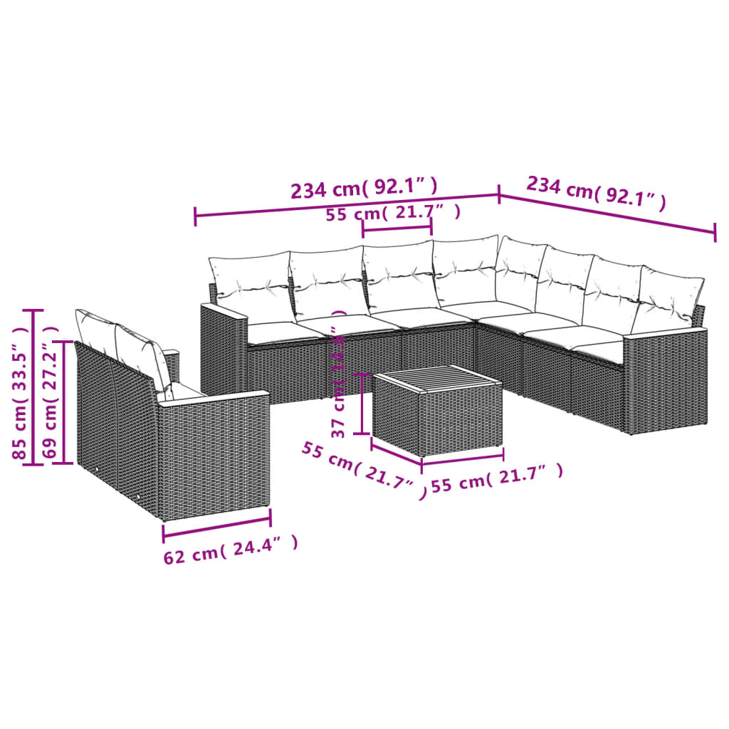 Set canapele de gradina cu perne, 10 piese, negru, poliratan — imaginea 3