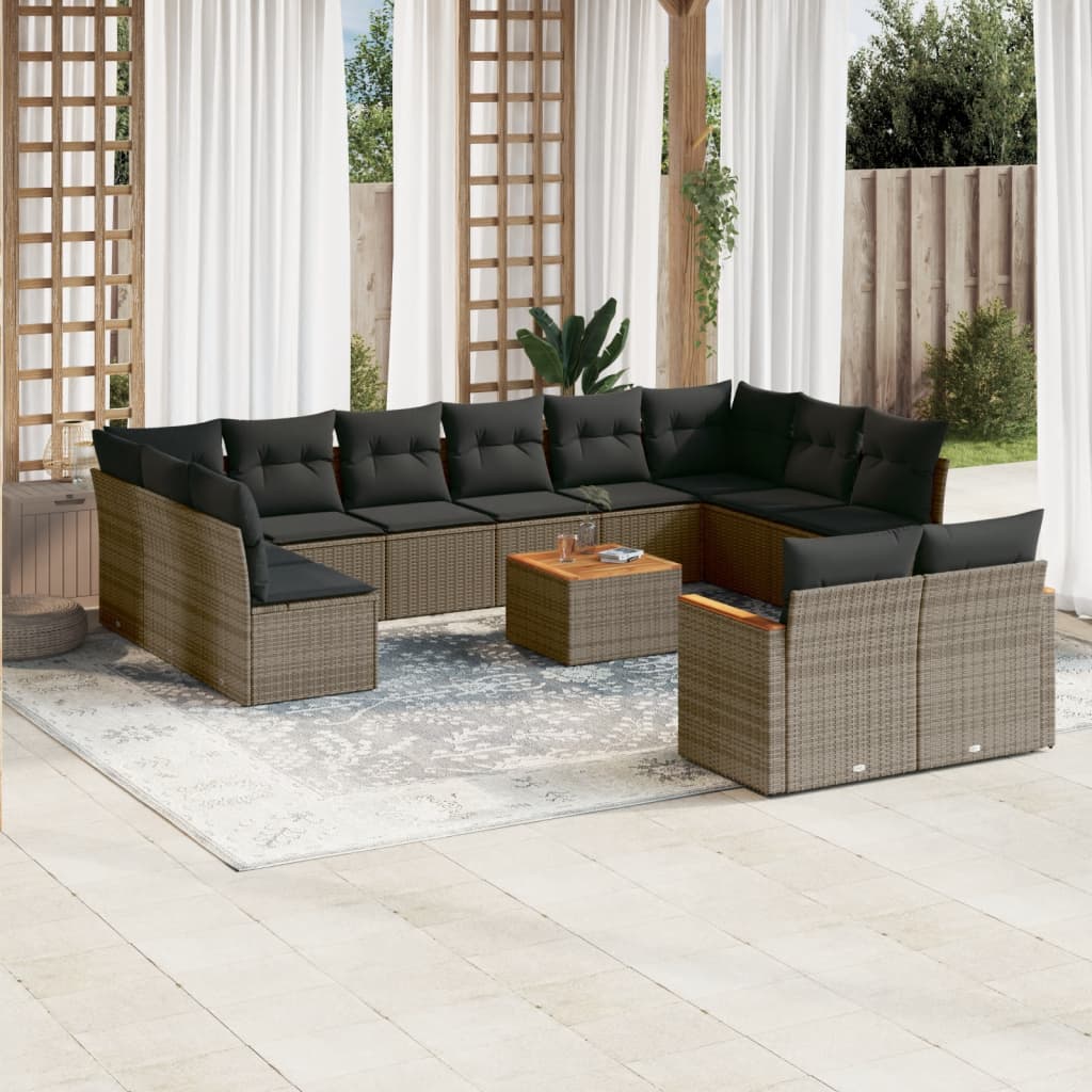 Set mobilier de gradina cu perne, 13 piese, gri, poliratan — imaginea 2