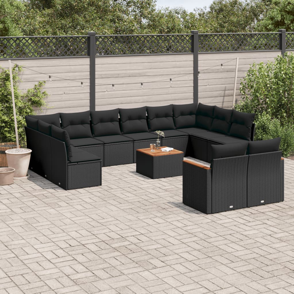 Set mobilier de gradina cu perne, 13 piese, negru, poliratan — imaginea 2
