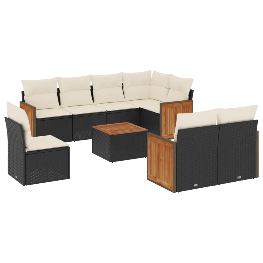 Set mobilier de gradina cu perne, 9 piese, negru, poliratan