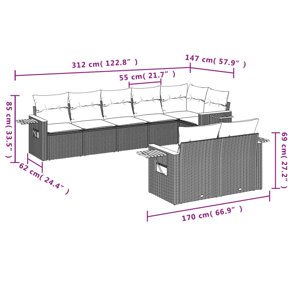 Set mobilier de gradina cu perne, 8 piese, negru, poliratan — imaginea 3