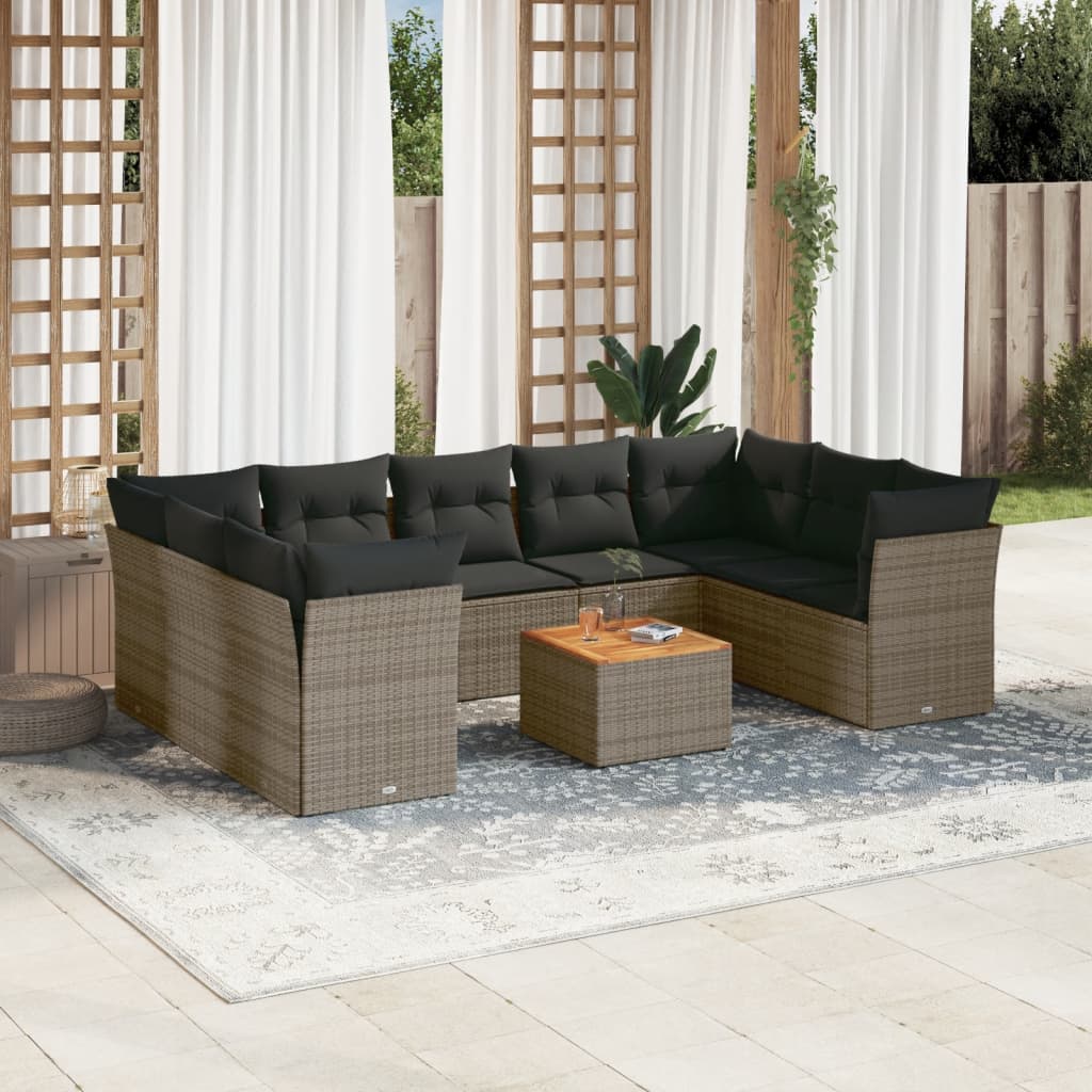 Set mobilier de gradina cu perne, 10 piese, gri, poliratan — imaginea 2