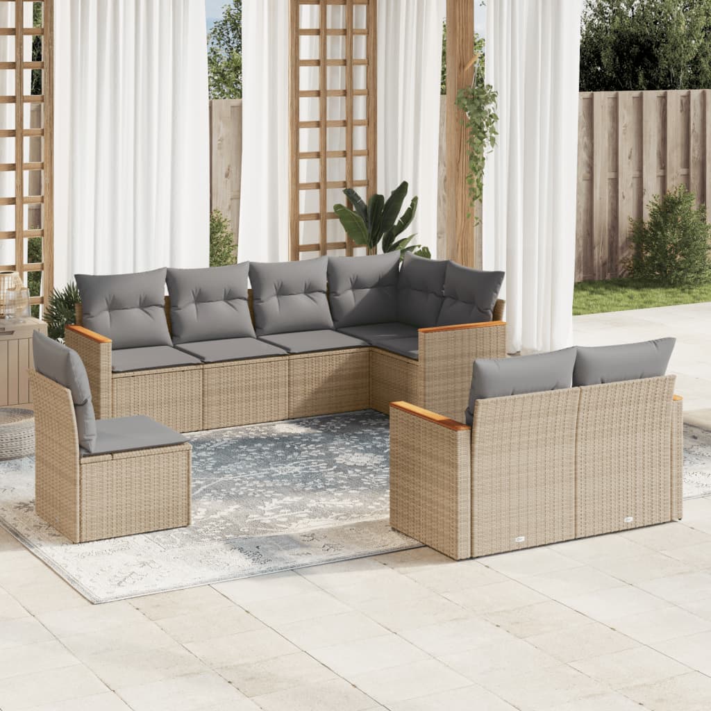 Set canapele de gradina, 8 piese, cu perne, bej, poliratan — imaginea 2