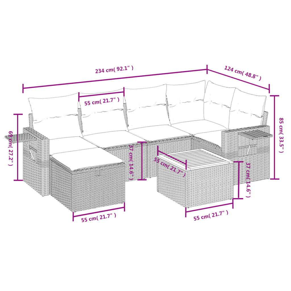 Set canapele de gradina, 7 piese, cu perne, bej, poliratan — imaginea 3