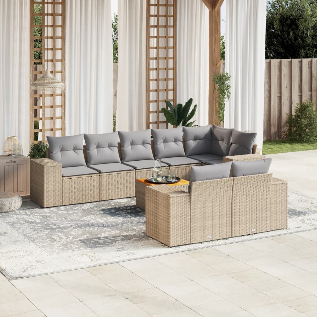 Set canapele de gradina, 9 piese, cu perne, bej, poliratan — imaginea 2