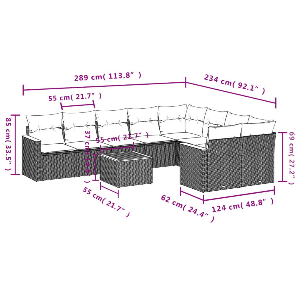 Set canapele de gradina cu perne, 10 piese, negru, poliratan — imaginea 3