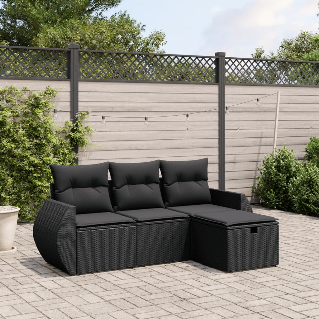 Set mobilier de gradina cu perne, 4 piese, negru, poliratan — imaginea 2