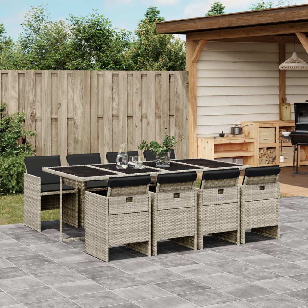 Set mobilier gradina cu perne, 9 piese, gri deschis, poliratan — imaginea 2