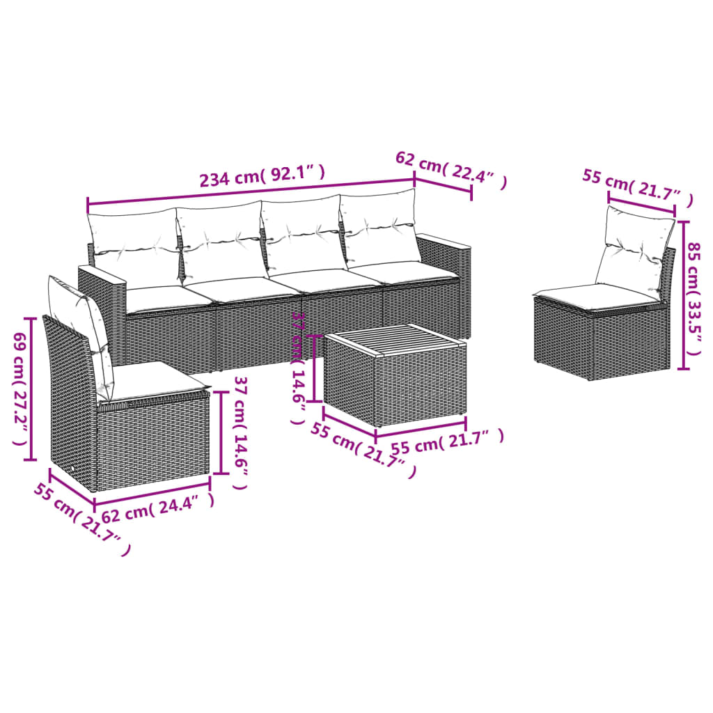 Set canapele de gradina cu perne, 7 piese, negru, poliratan — imaginea 3