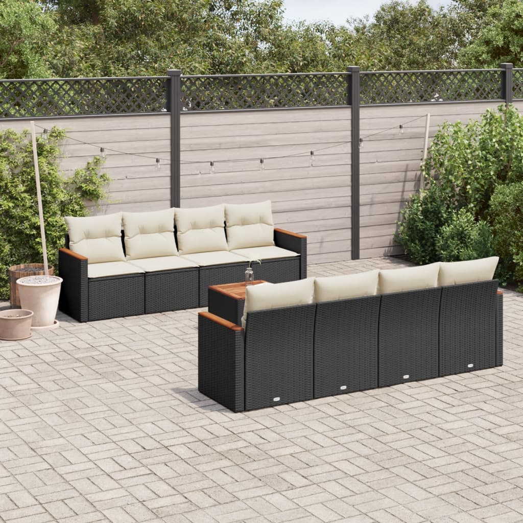 Set mobilier de gradina cu perne, 9 piese, negru, poliratan — imaginea 2