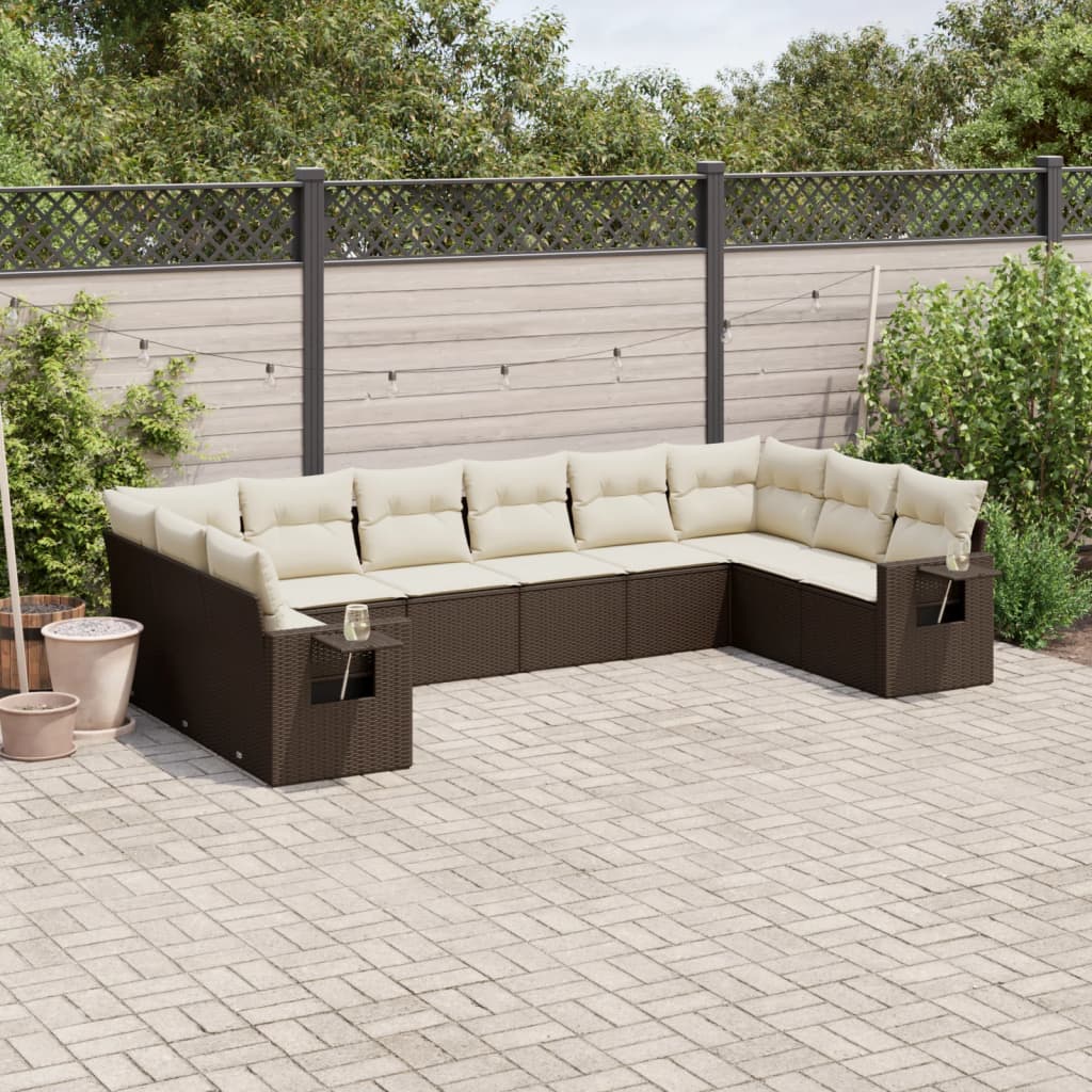 Set canapele de gradina cu perne, 10 piese, maro, poliratan — imaginea 2