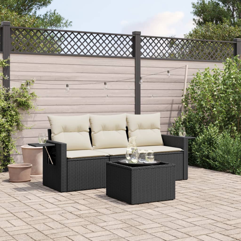 Set mobilier de gradina cu perne, 4 piese, negru, poliratan — imaginea 2