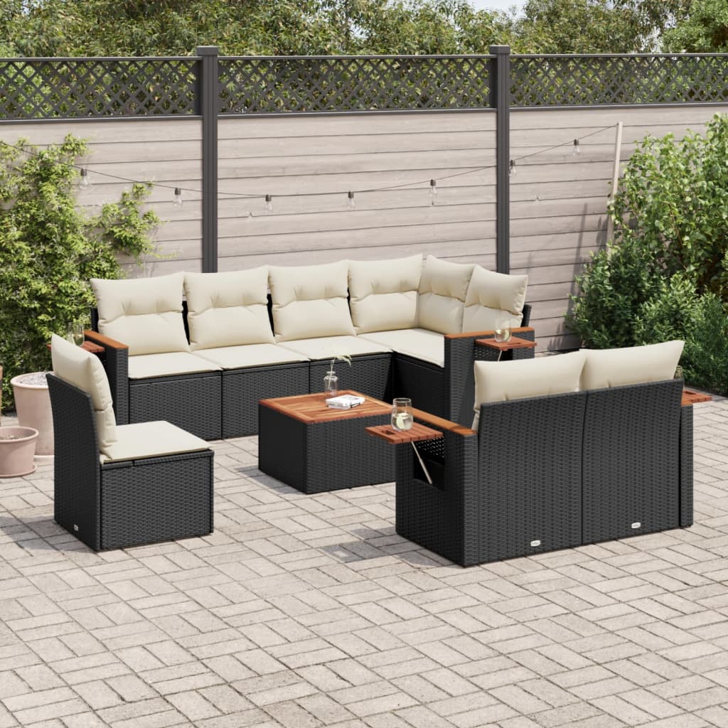 Set mobilier de gradina cu perne, 9 piese, negru, poliratan — imaginea 2