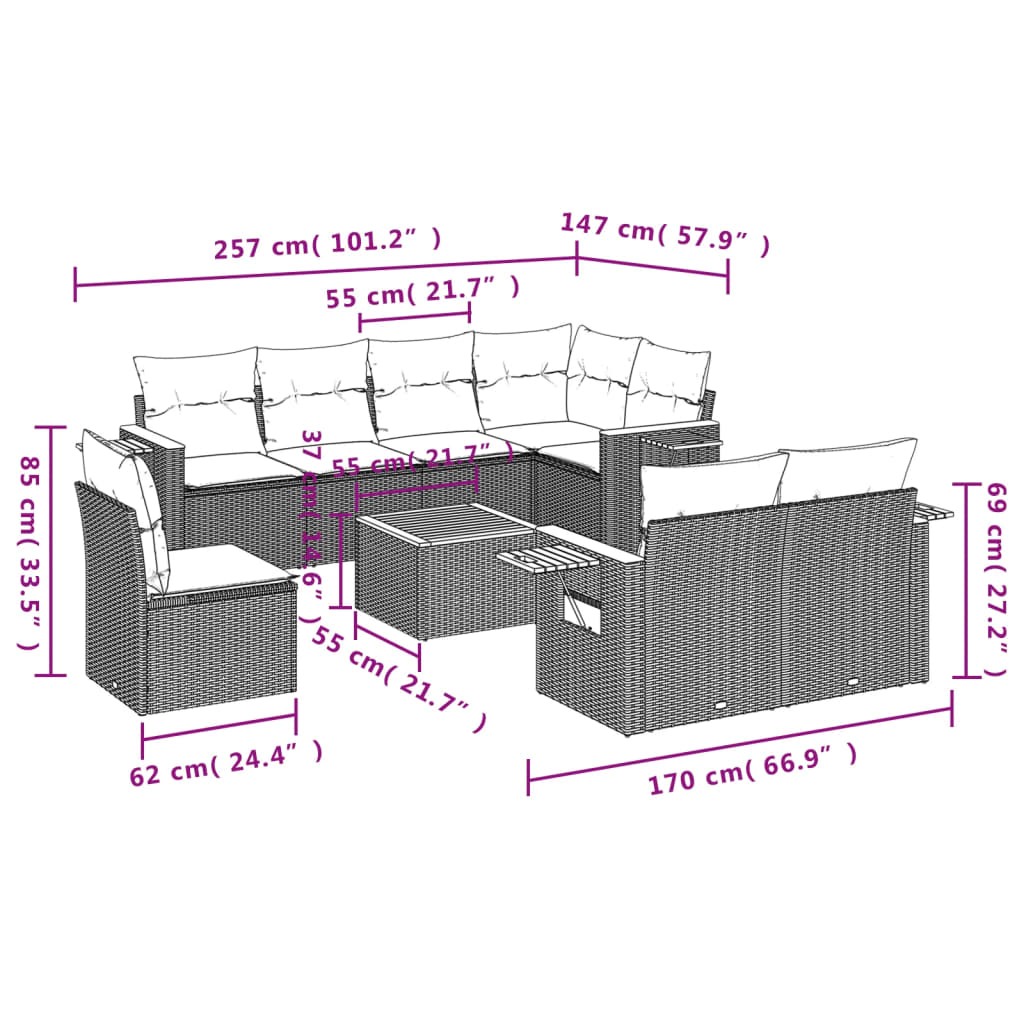 Set mobilier de gradina cu perne, 9 piese, negru, poliratan — imaginea 9