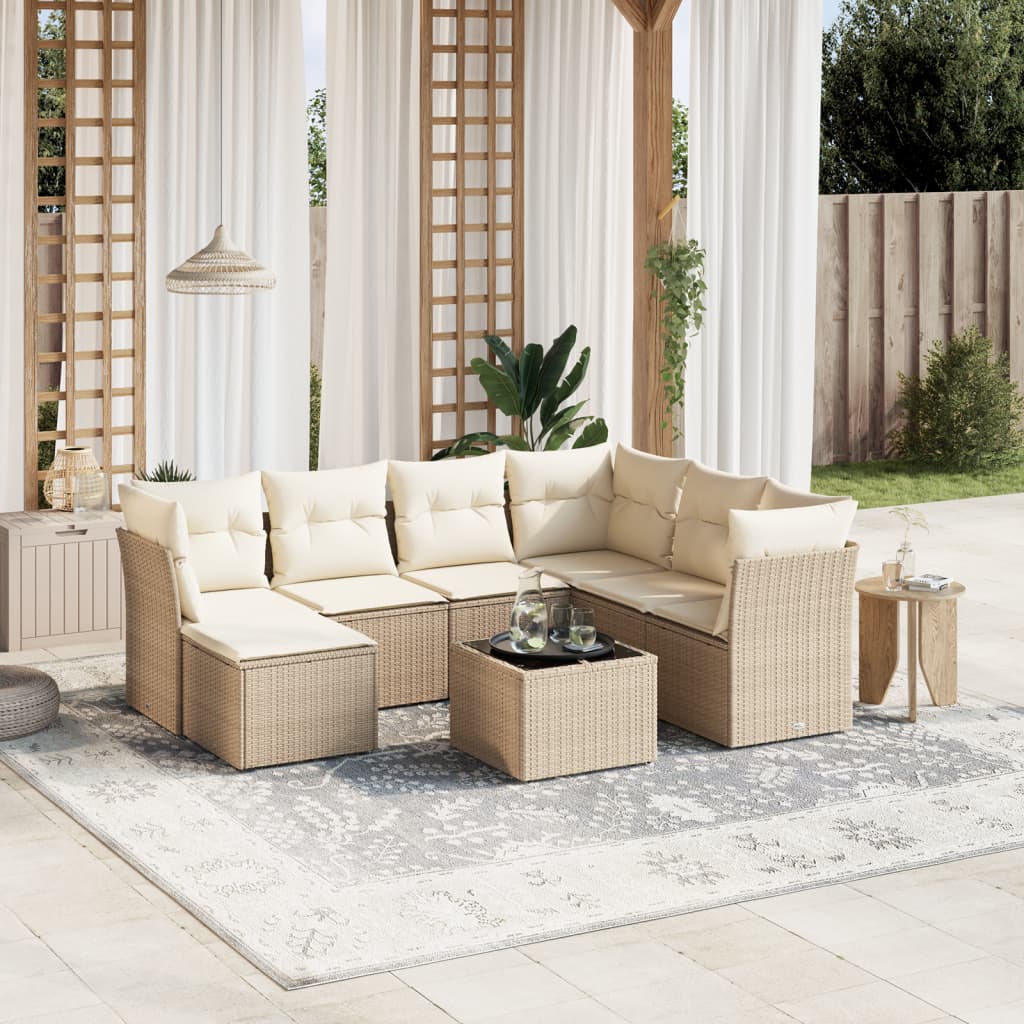Set canapele de gradina, 8 piese, cu perne, bej, poliratan — imaginea 2