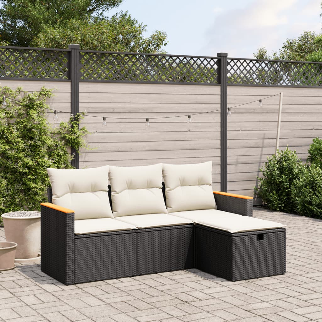 Set mobilier de gradina cu perne, 4 piese, negru, poliratan — imaginea 2