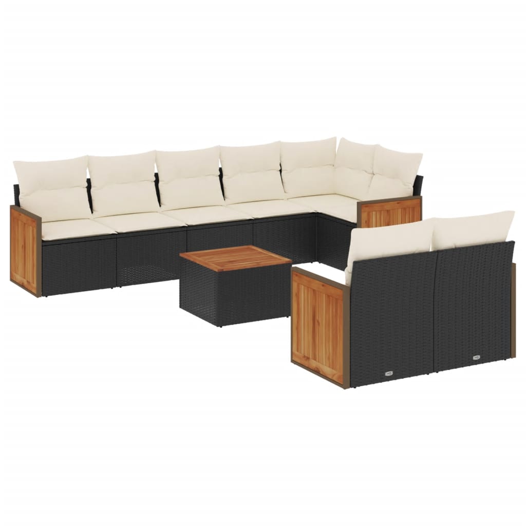 Set mobilier de gradina cu perne, 9 piese, negru, poliratan