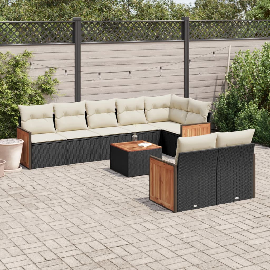 Set mobilier de gradina cu perne, 9 piese, negru, poliratan — imaginea 2