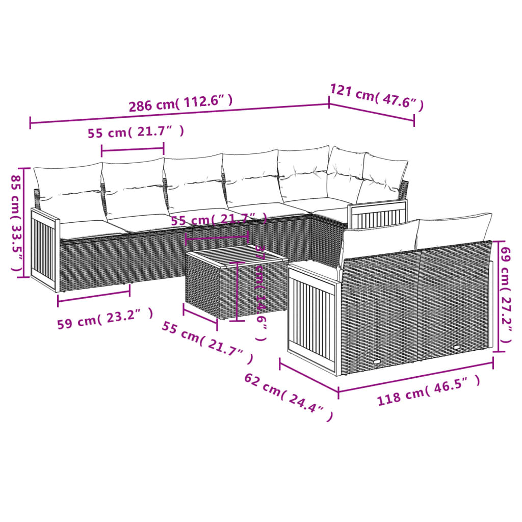 Set mobilier de gradina cu perne, 9 piese, negru, poliratan — imaginea 8