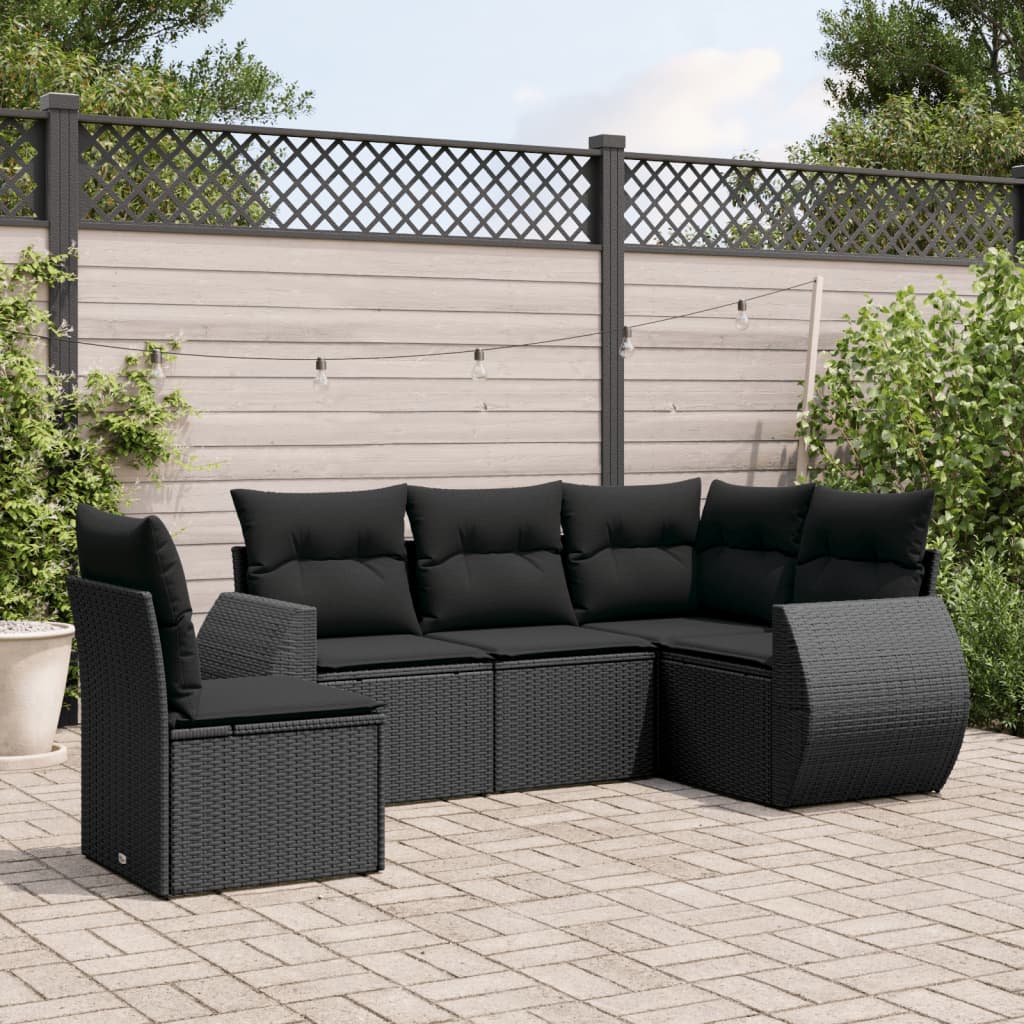 Set mobilier de gradina cu perne, 5 piese, negru, poliratan — imaginea 2