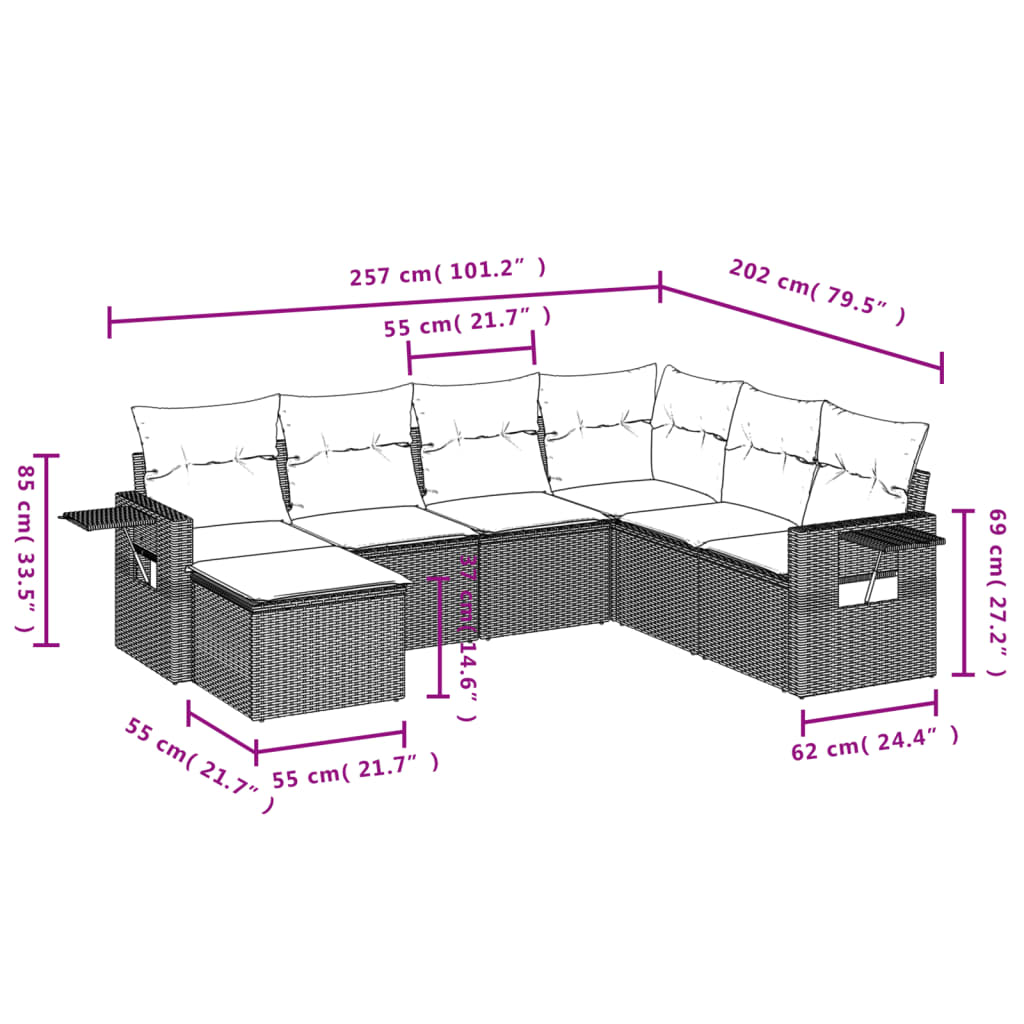 Set canapele de gradina, 7 piese, cu perne, bej, poliratan — imaginea 9