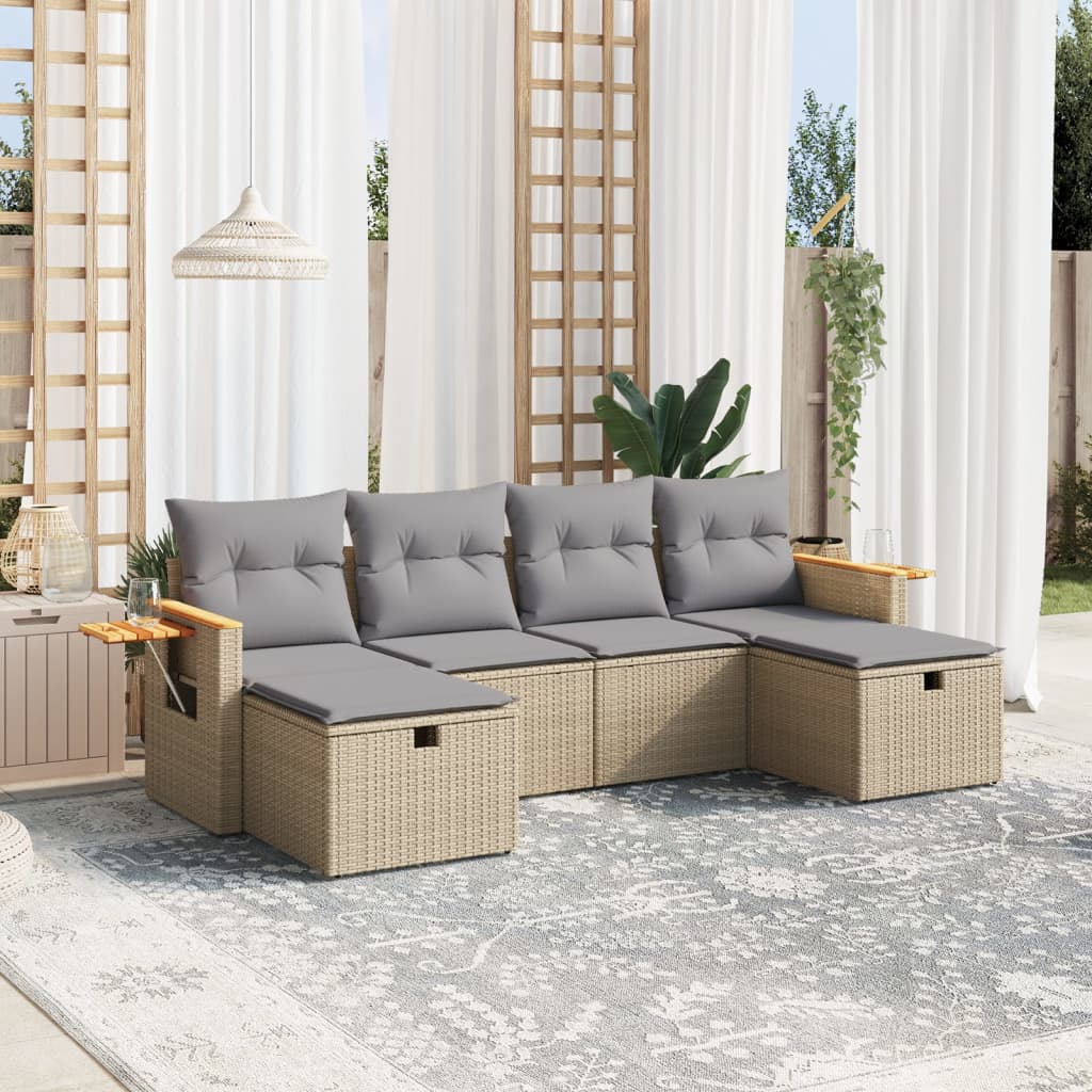 Set canapele de gradina, 6 piese, cu perne, bej, poliratan — imaginea 2