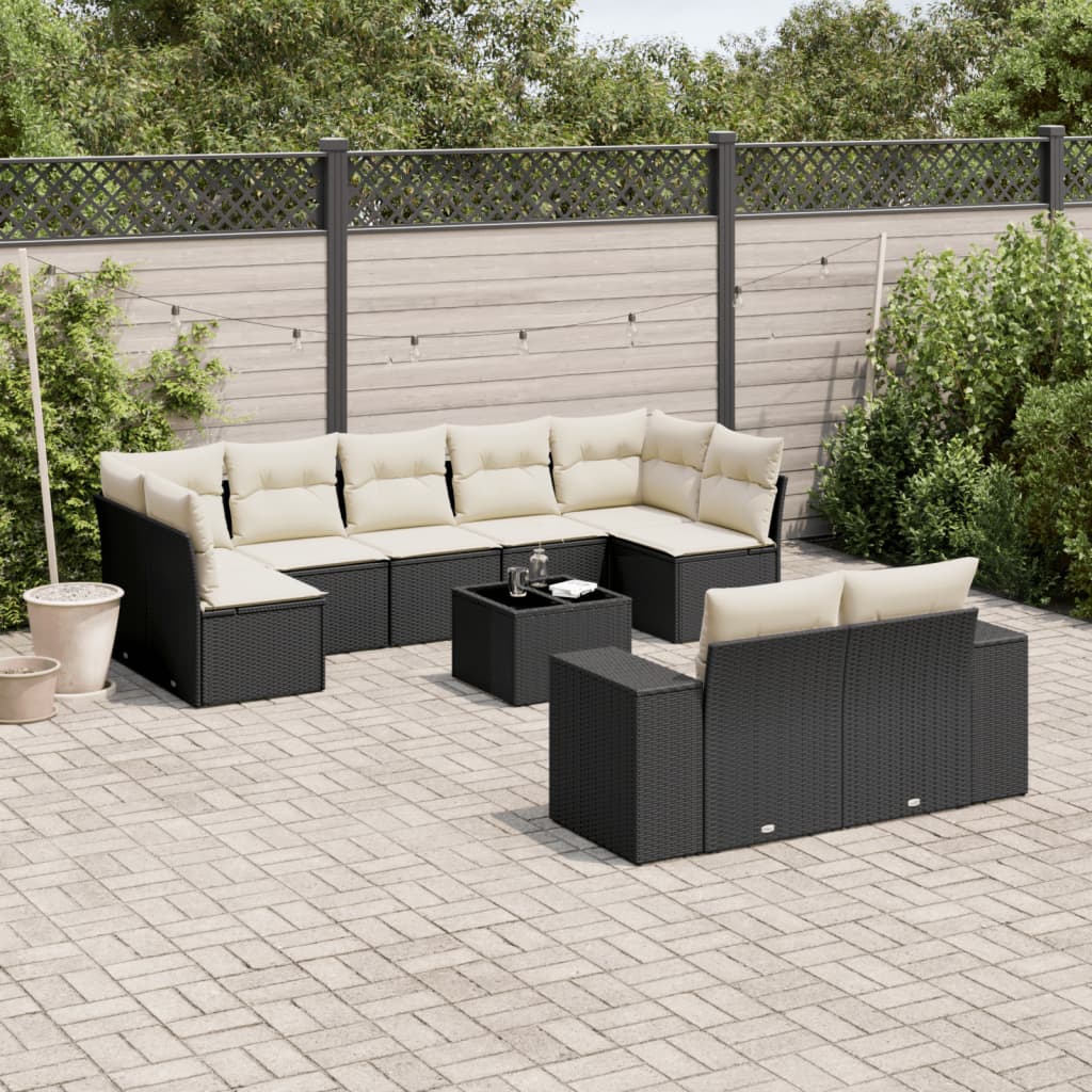 Set canapele de gradina cu perne, 10 piese, negru, poliratan — imaginea 2