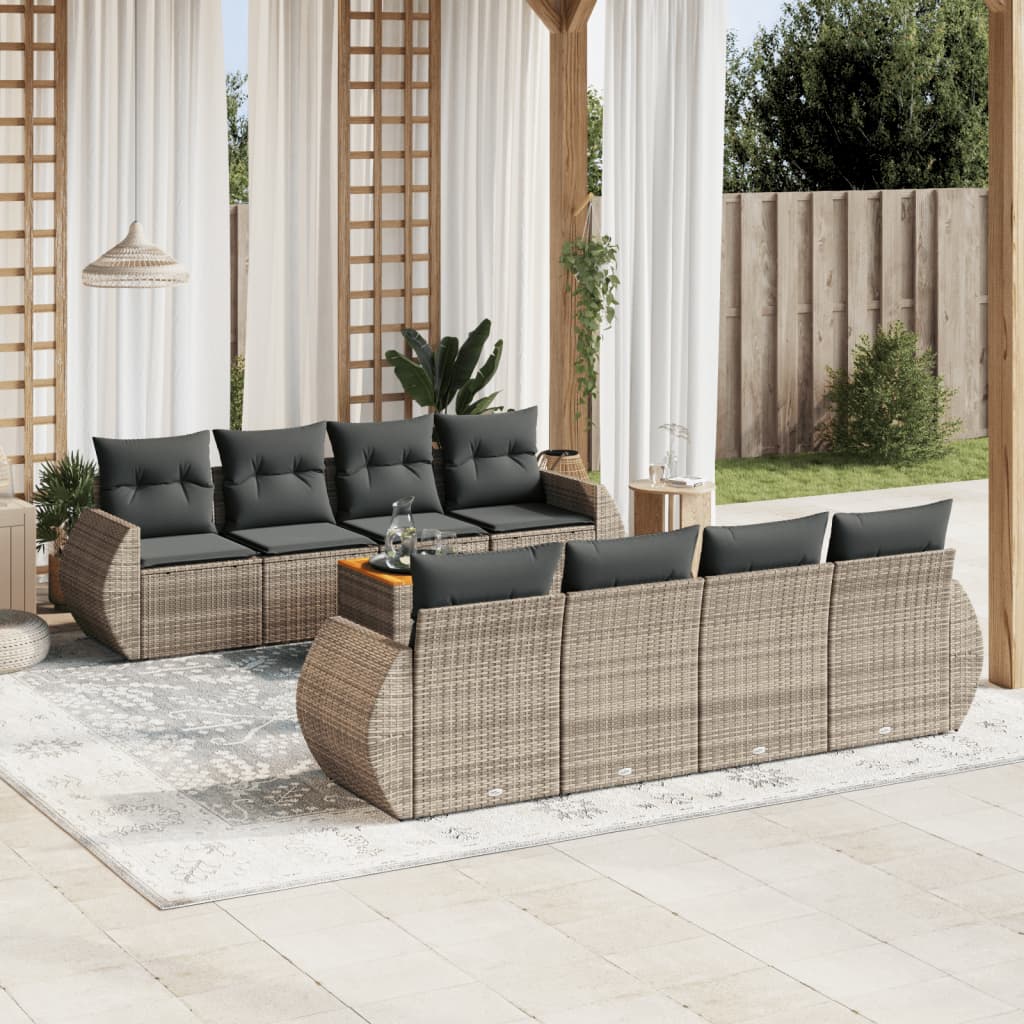 Set canapele de gradina, 9 piese, cu perne, gri, poliratan — imaginea 2