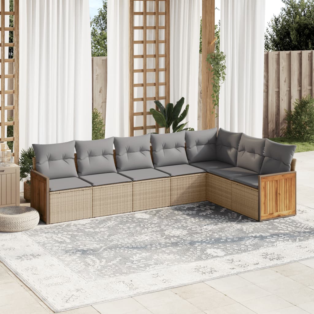 Set canapele de gradina, 7 piese, cu perne, bej, poliratan — imaginea 2