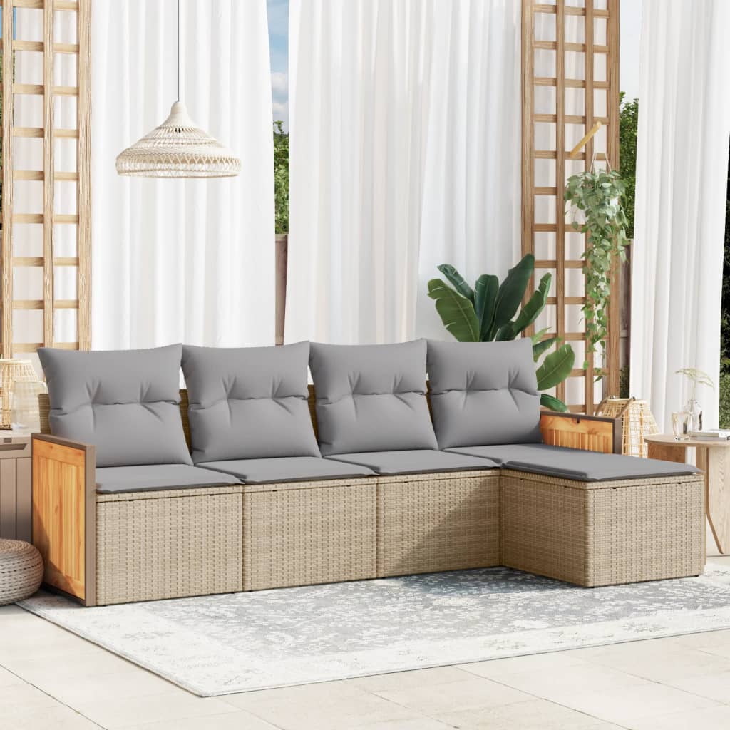 Set canapele de gradina cu perne, 5 piese, bej, poliratan — imaginea 2