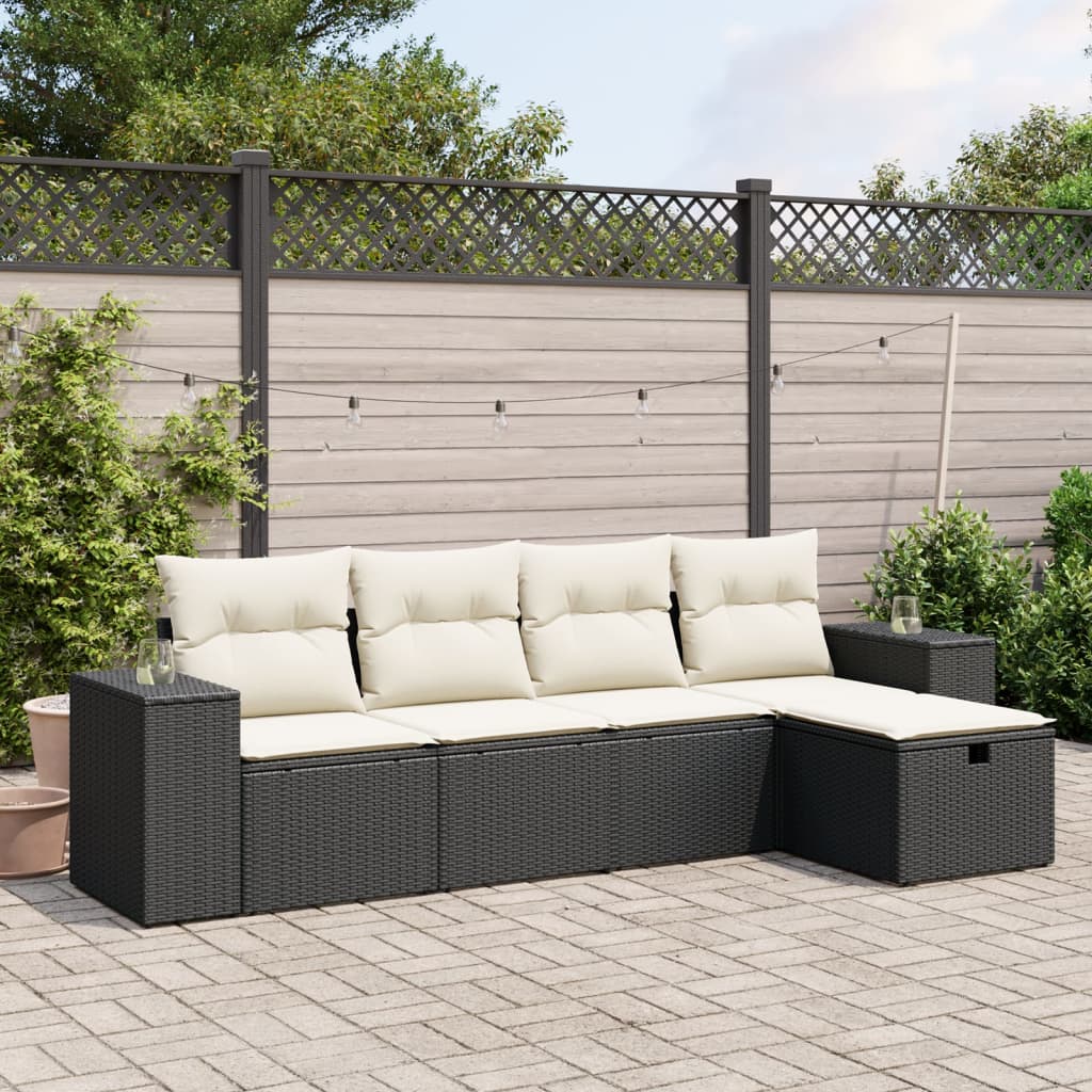 Set mobilier de gradina cu perne, 5 piese, negru, poliratan — imaginea 2