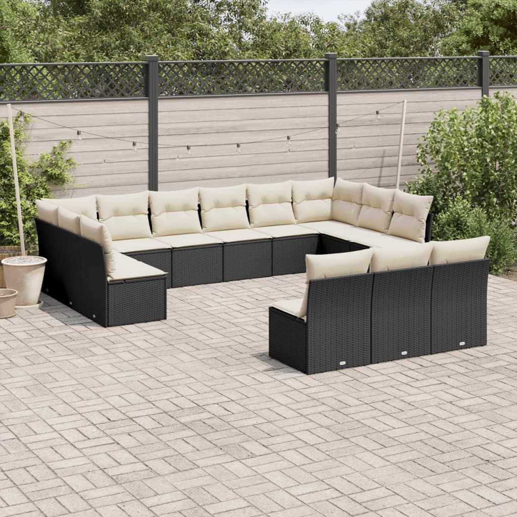 Set mobilier de gradina cu perne, 13 piese, negru, poliratan — imaginea 2