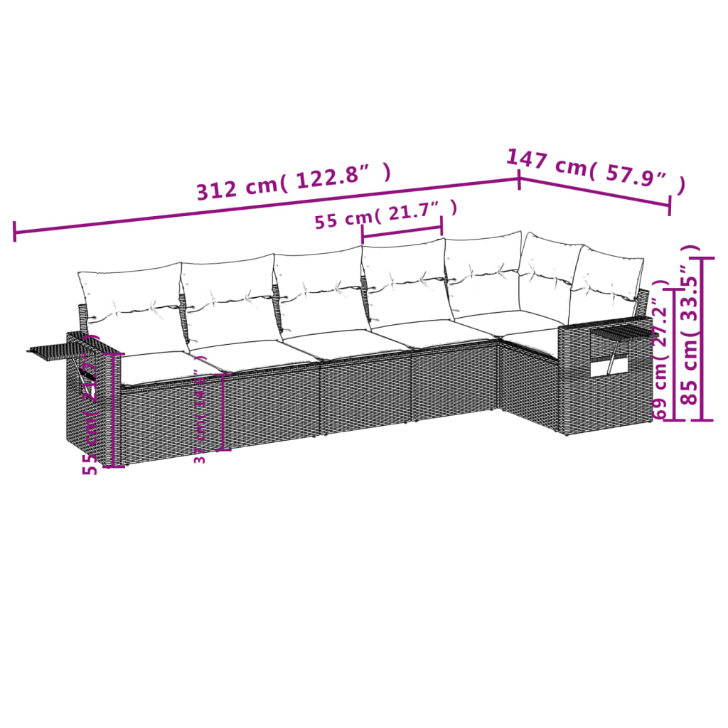 Set canapele de gradina cu perne, 6 piese, maro, poliratan — imaginea 3