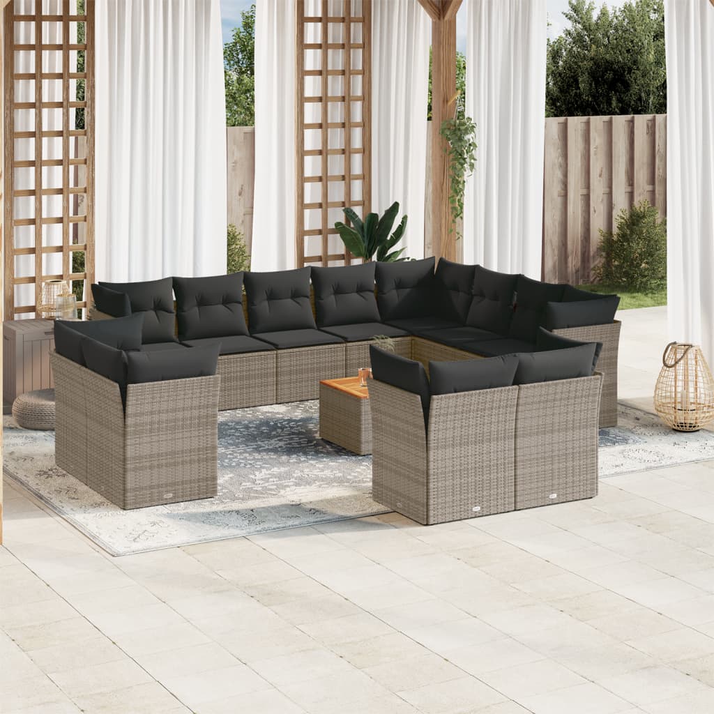 Set mobilier de gradina cu perne, 13 piese, gri, poliratan — imaginea 2