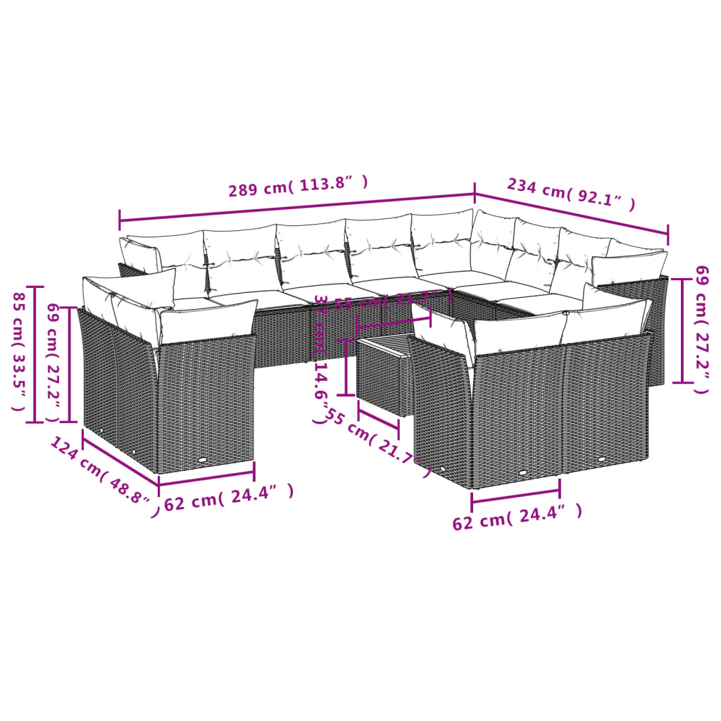 Set mobilier de gradina cu perne, 13 piese, gri, poliratan — imaginea 10