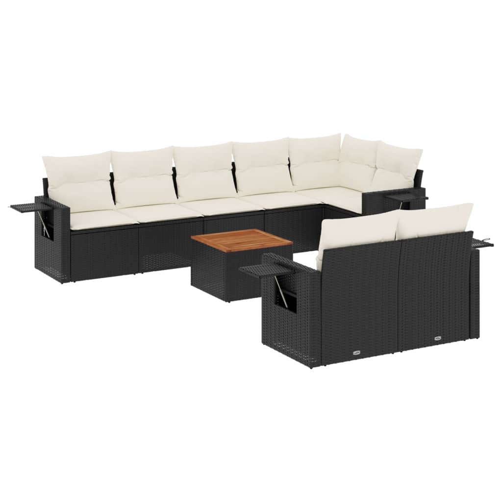 Set mobilier de gradina cu perne, 9 piese, negru, poliratan