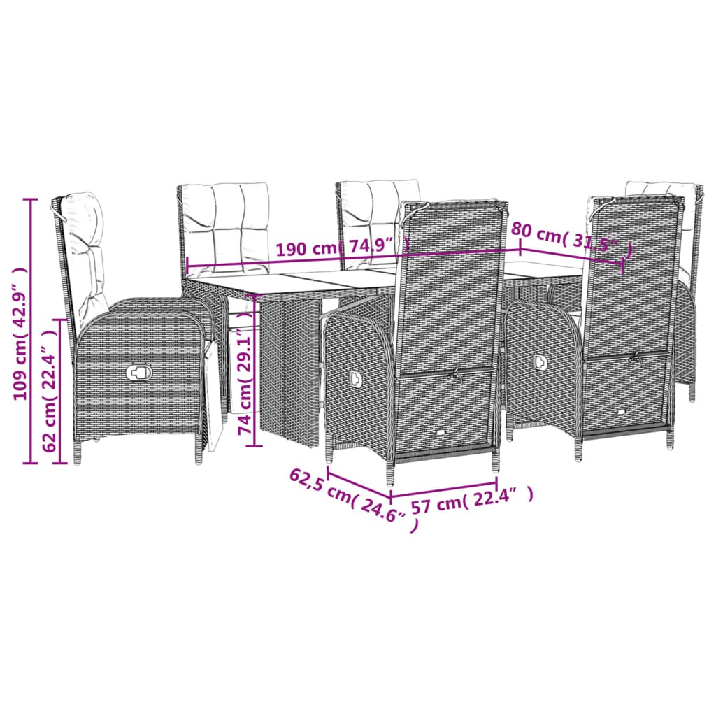 Set mobilier de gradina cu perne, 7 piese, gri, poliratan — imaginea 7