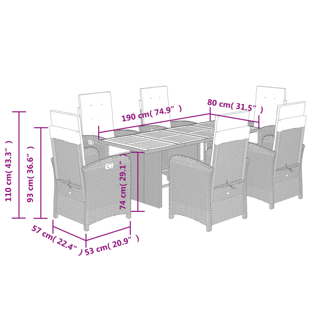 Set de masa pentru gradina, 7 piese, cu perne, bej, poliratan — imaginea 9
